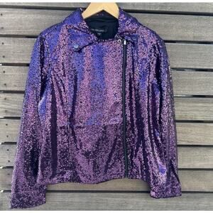 Colleen Lopez Purple Sequin Moto Jacket Women M Asym Zip Party Blazer